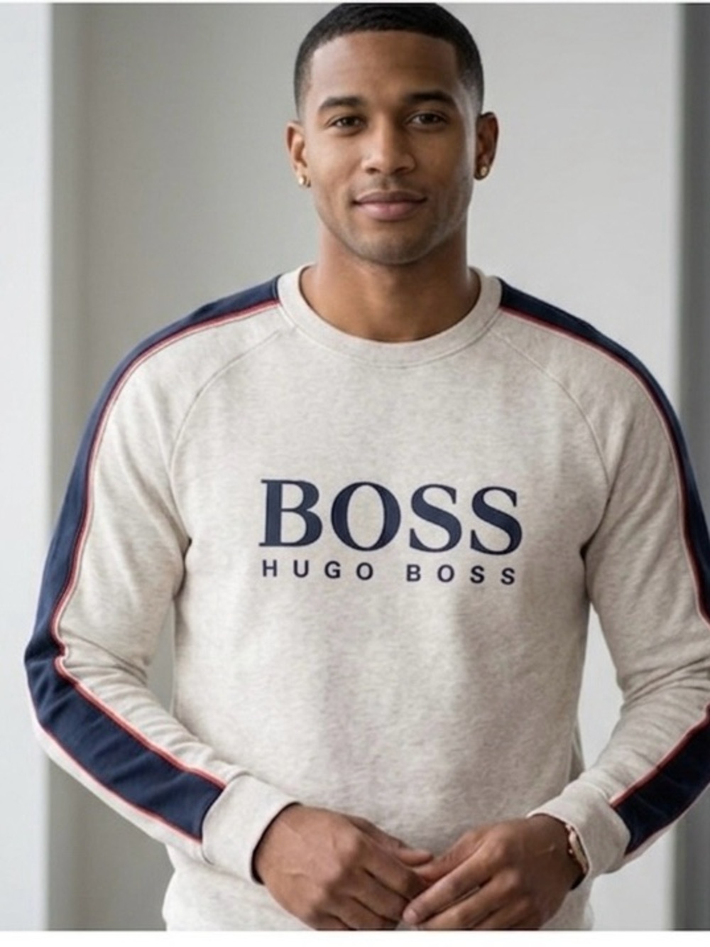 Hugo Boss Men's Beige Crewneck Sweater with Navy Accents